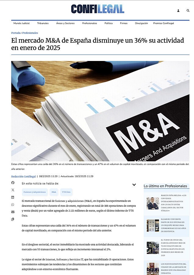 El mercado M&A de Espaa disminuye un 36% su actividad en enero de 2025